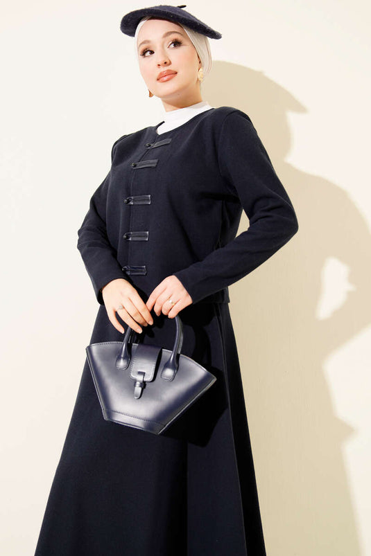 Brit Düğmeli Fitilli Kaşe Etekli İkili Takım Lacivert