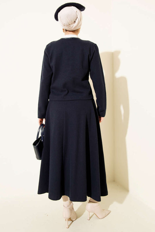 Brit Düğmeli Fitilli Kaşe Etekli İkili Takım Lacivert