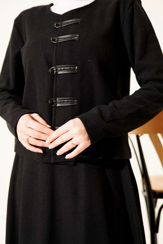 Brit Düğmeli Fitilli Kaşe Etekli İkili Takım Siyah