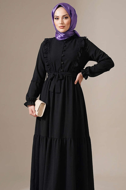 Robe en dentelle guipure avec boutons Brit, pétrole noir