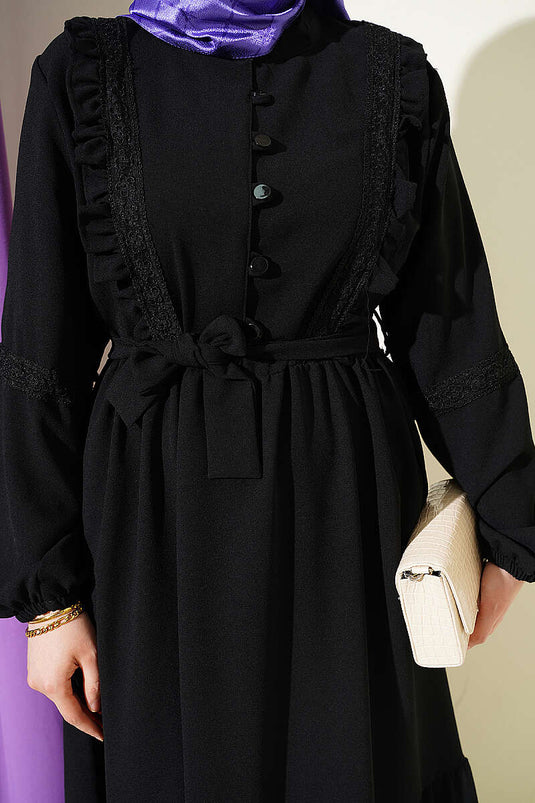 Robe en dentelle guipure avec boutons Brit, pétrole noir
