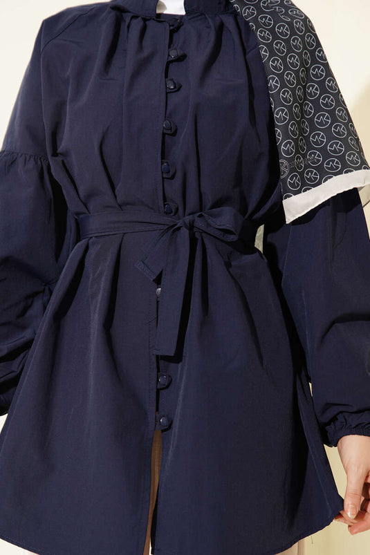 Camicia popeline blu navy con collo alla coreana e bottoni Brit