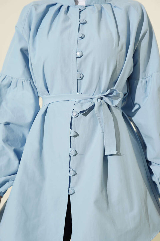 Brit Buttoned Stand Collar Poplin Shirt Blue