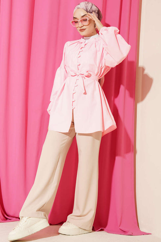 Brit Düğmeli Hakim Yaka Poplin Gömlek Pembe