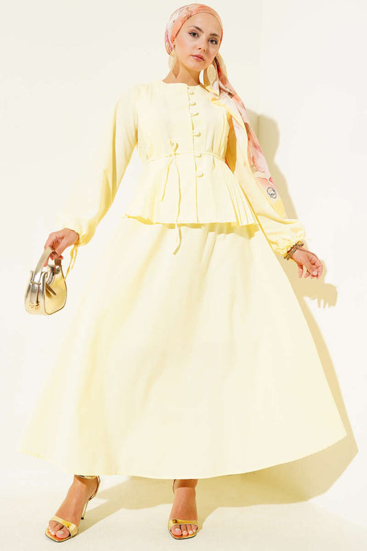 Brit Düğmeli İkili Etek Takımı Sarı