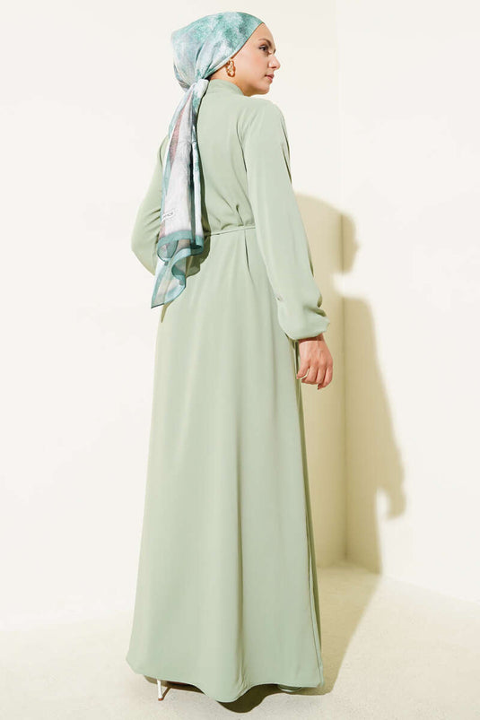 Brit Düğmeli İp Bağcıklı Elbise Mint