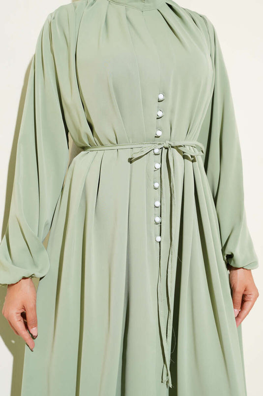 Brit Düğmeli İp Bağcıklı Elbise Mint