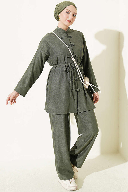 Brit Buttoned Tie-Detail Two-Piece Set Khaki