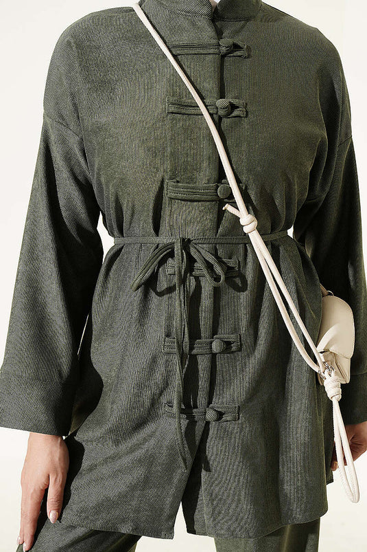 Brit Buttoned Tie-Detail Two-Piece Set Khaki