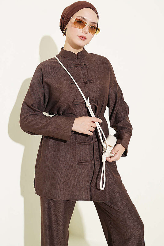 Brit Brown Buttoned Tie-Detail Two-Piece Set