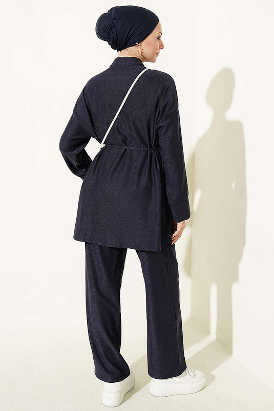 Brit Navy Blue Buttoned Tie-Detail Two-Piece Set