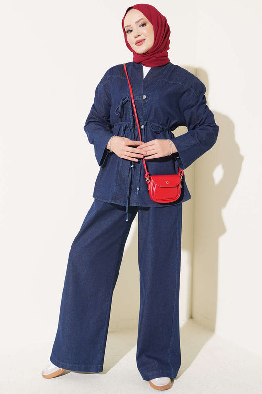 Ensemble En Jean À Boutons Et Cordon En Bleu Foncé