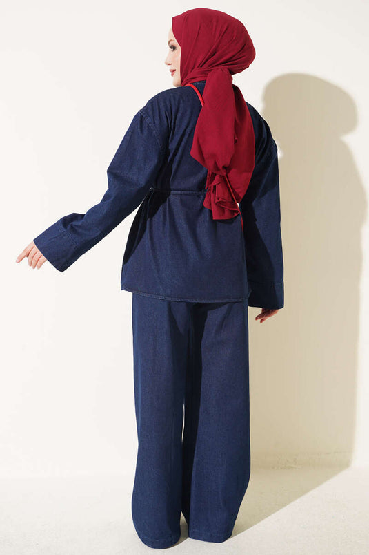 Ensemble En Jean À Boutons Et Cordon En Bleu Foncé