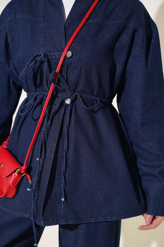 Ensemble En Jean À Boutons Et Cordon En Bleu Foncé