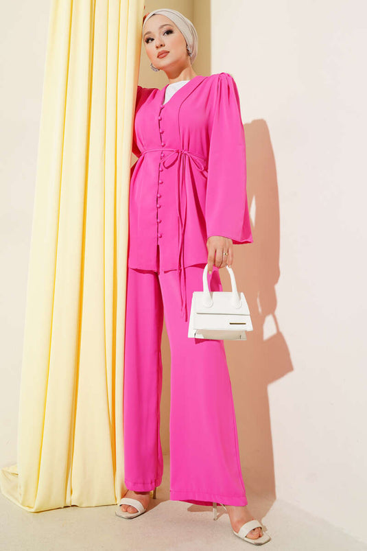 Ensemble deux pièces tunique britannique boutonnée avec cordon de serrage, fuchsia