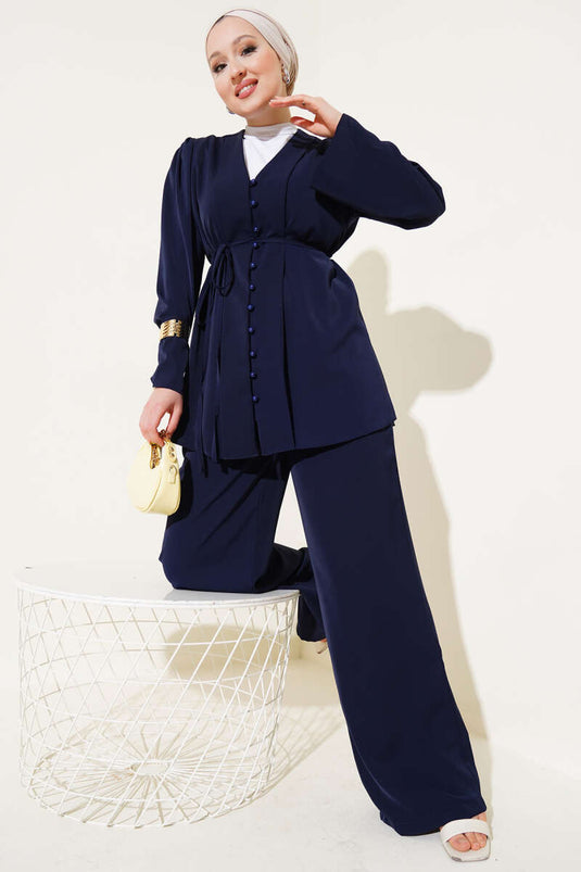 Brit Düğmeli İp Kuşaklı Tunik İkili Takım Lacivert