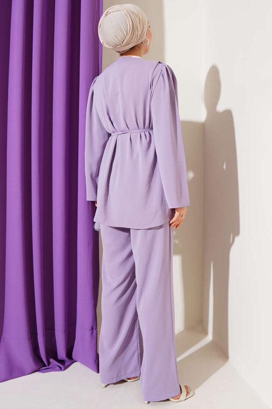 Brit Zweiteiliges Tunika-Set mit geknöpftem Seil und Gürtel in Flieder
