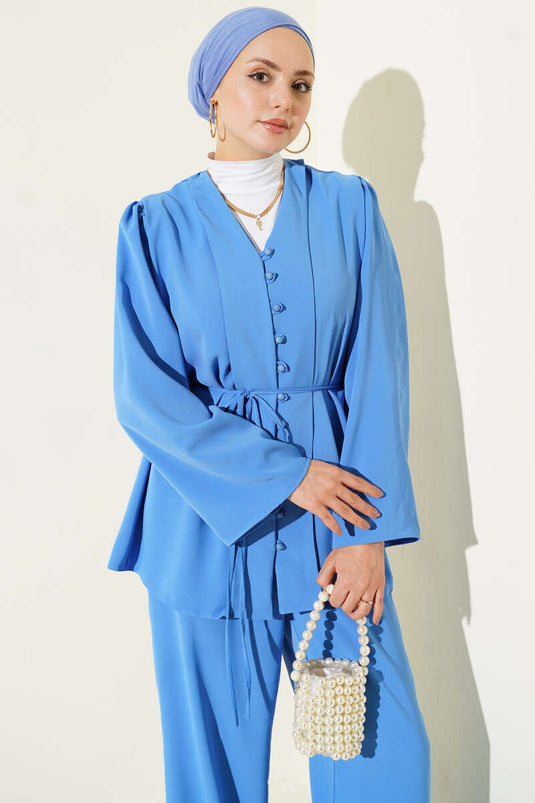 British Buttoned Cord Belted Tunic Two-Piece Set Blue