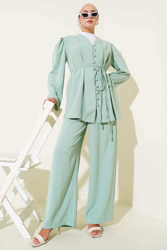 Ensemble deux pièces tunique boutonnée avec ceinture en corde vert menthe