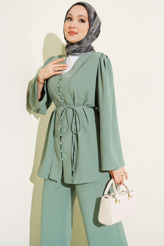 Ensemble tunique à boutons Brit avec ceinture corde, vert persan