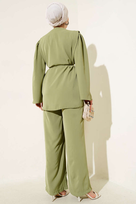 Brit Düğmeli İp Kuşaklı Tunik İkili Takım Yeşil