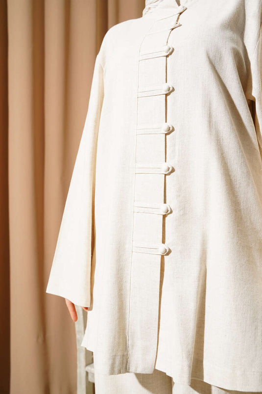 Ensemble deux pièces tunique boutonnée en lin beige Brit