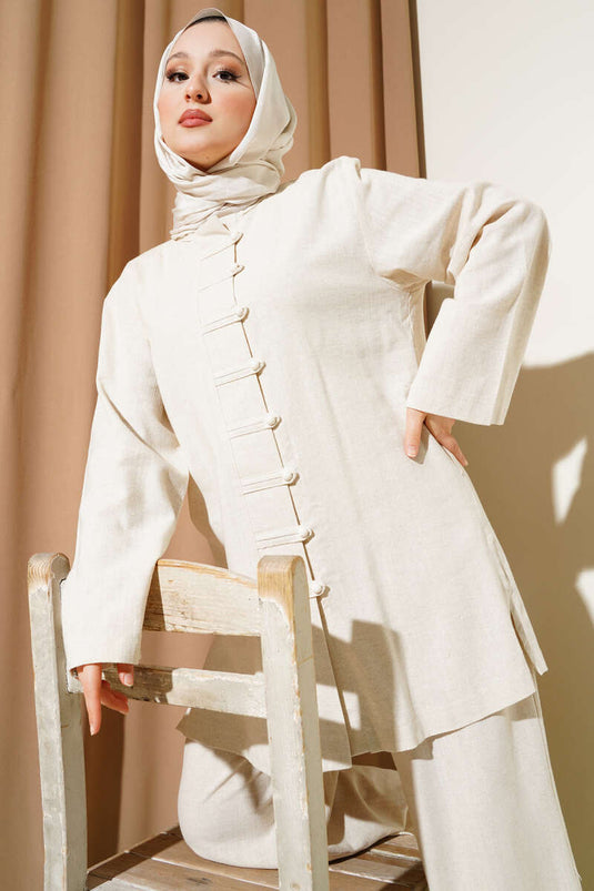 Ensemble deux pièces tunique boutonnée en lin beige Brit