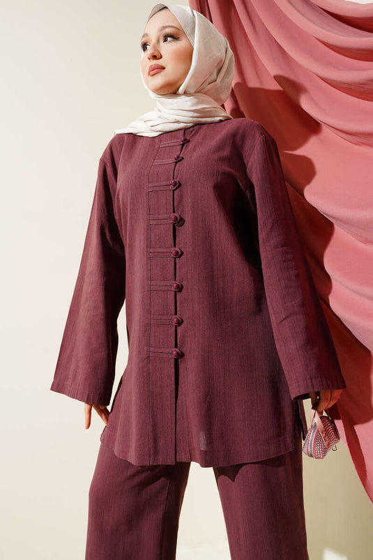 Ensemble deux pièces tunique en lin boutonnée Brit rouge bordeaux
