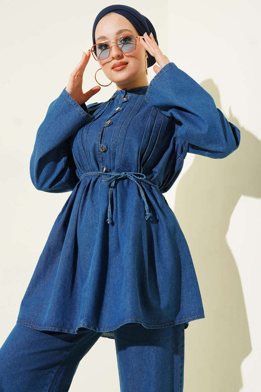 Brit Buttoned Denim Two-Piece Set Blue