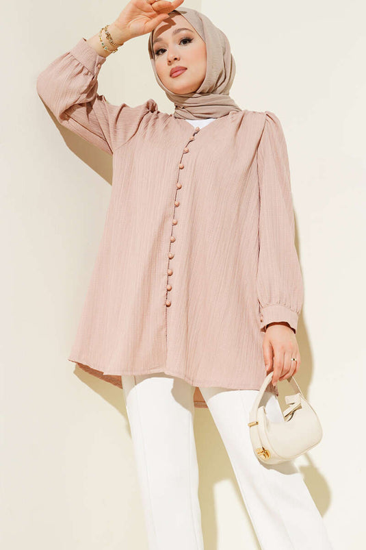 Brit Buttoned Crinkle Beige Blouse