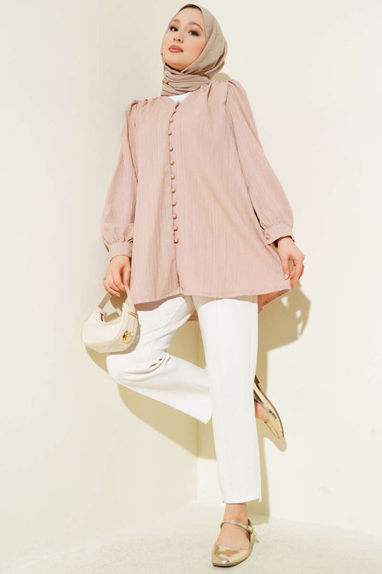 Brit Buttoned Crinkle Beige Blouse