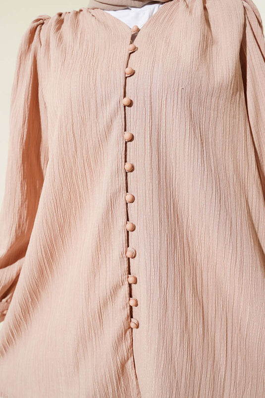 Brit Buttoned Crinkle Beige Blouse