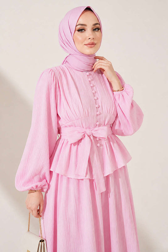 Brit Düğmeli Kuşaklı Etekli İkili Takım Pembe