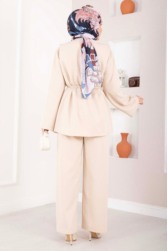 Ensemble double ceinturé à boutons Brit beige
