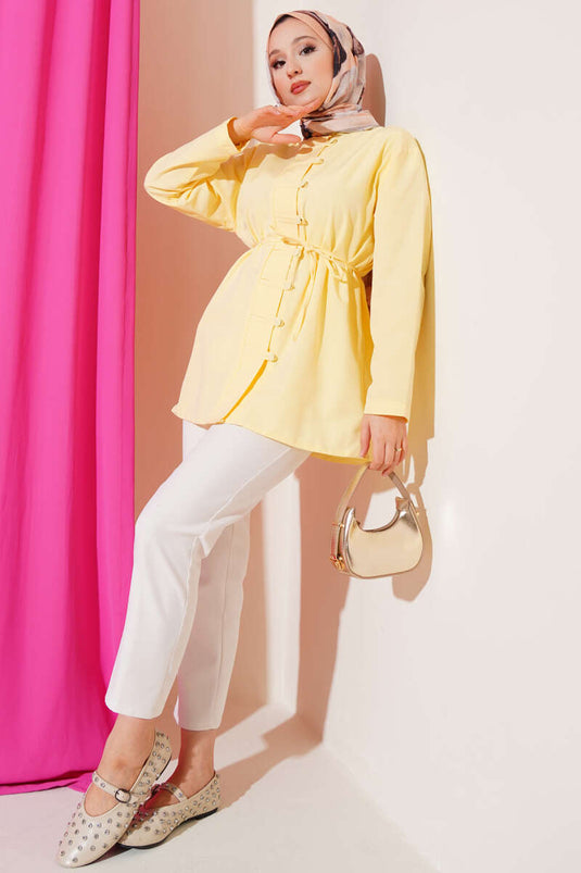 Brit Button-Up Terikoton Shirt met Riem, Geel