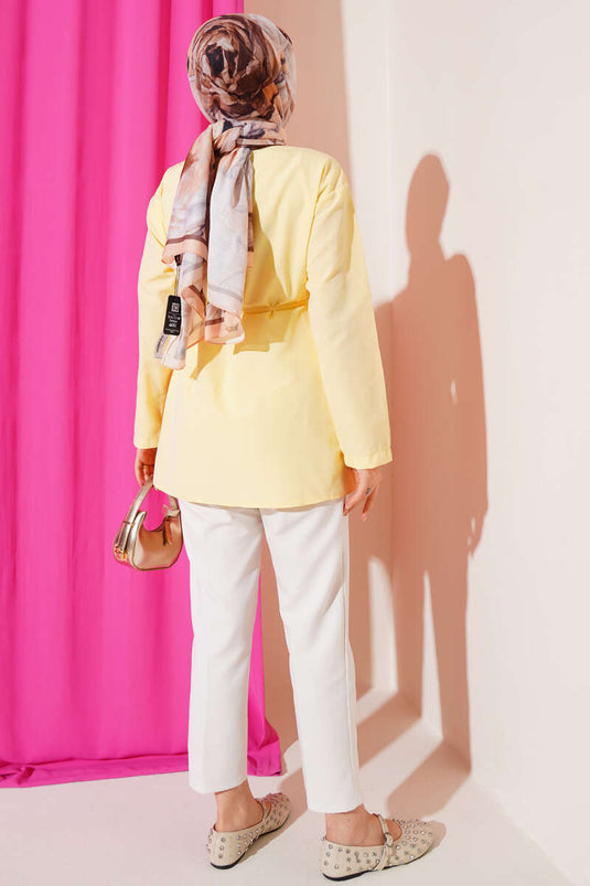 Brit Button-Up Terikoton Shirt met Riem, Geel