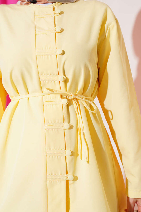 Brit Button-Up Terikoton Shirt met Riem, Geel