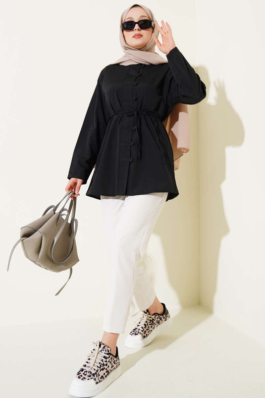 Chemise boutonnée Brit Terikoton noire avec ceinture