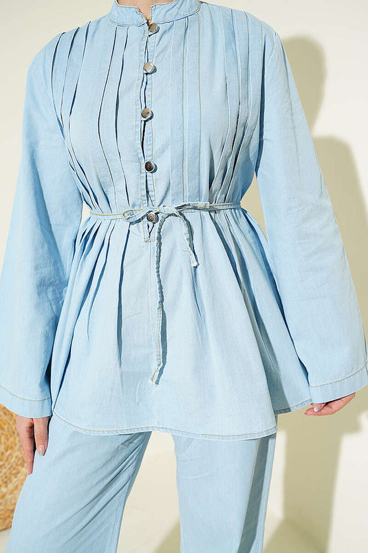 Ensemble Deux Pièces en Jean Côtelé Boutonné Brit Bleu Glacé