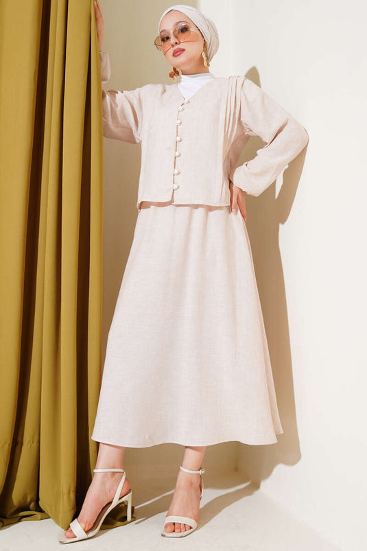 Tailleur jupe plissée boutonnée sur le devant Brit beige