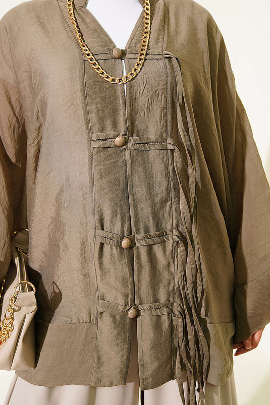 Brit Düğmeli Oversize Kimono Haki