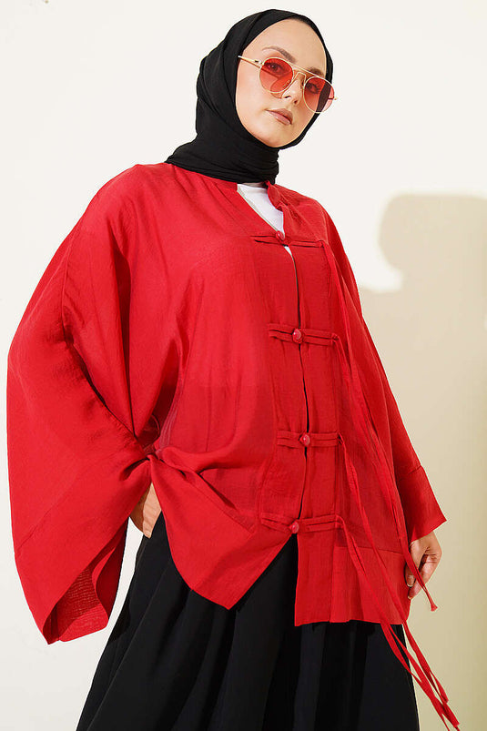 Brit Düğmeli Oversize Kimono Kırmızı