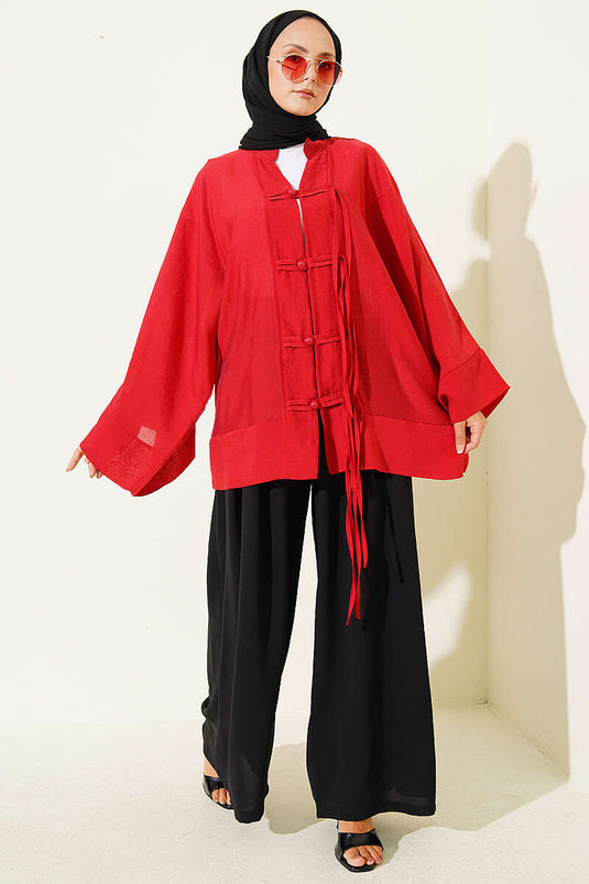 Brit Düğmeli Oversize Kimono Kırmızı