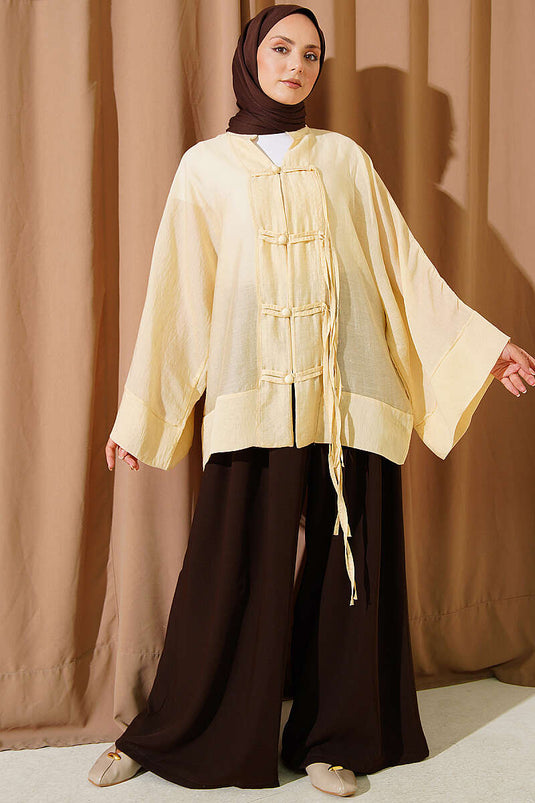 Brit Düğmeli Oversize Kimono Sarı