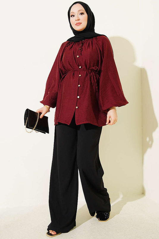 Chemise Oversize En Mousseline À Boutons Bordeaux
