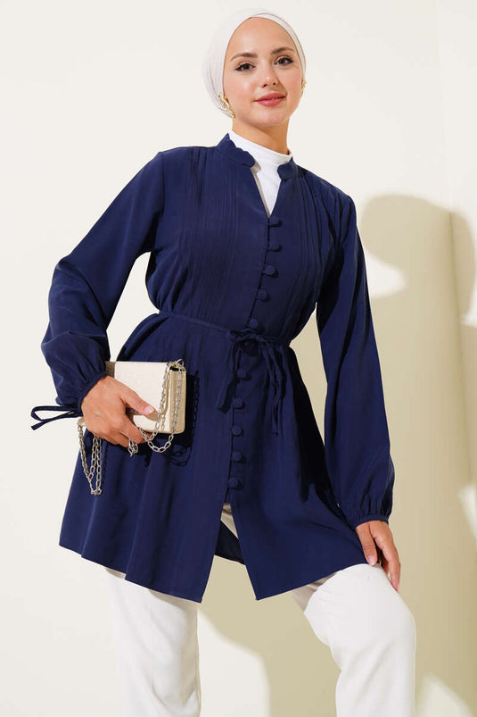 Brit Düğmeli Pileli Tensel Gömlek Lacivert