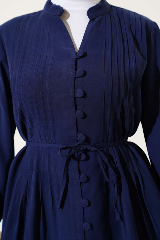 Brit Düğmeli Pileli Tensel Gömlek Lacivert