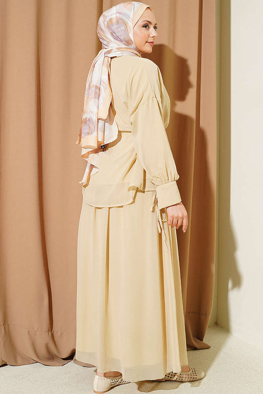 Brit Buttoned Chiffon Skirt Two-Piece Set Beige