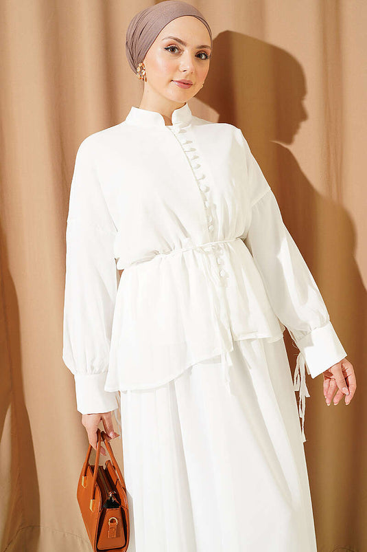 Conjunto doble con falda de gasa blanca y botones Brit