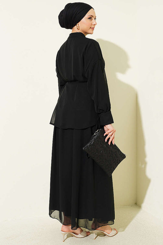 Conjunto doble con falda de gasa con botones Brit negro